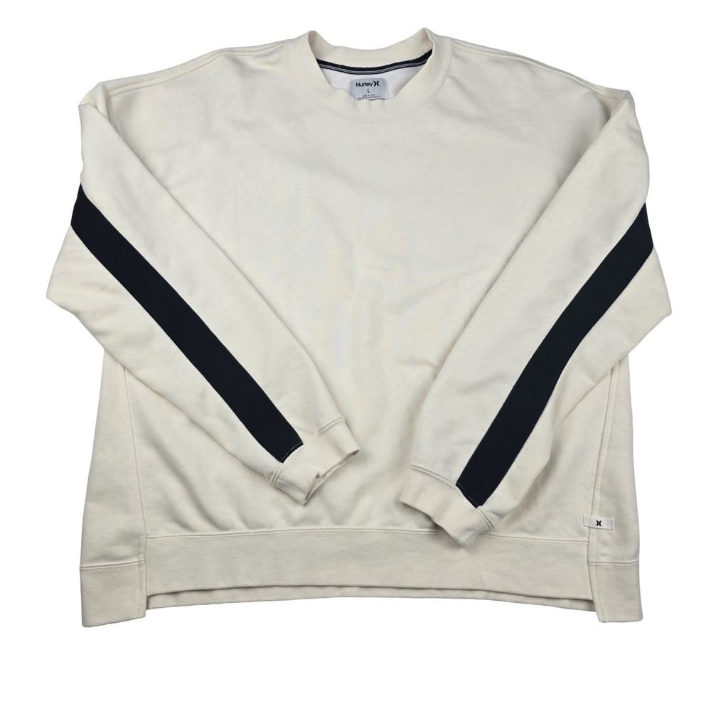 Hurley Sweatshirt Women Large Cream Keyhole Back Striped Sleeve Athleisure